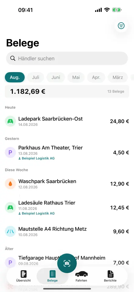 Belegliste nach Monaten gefiltert, mit Händler, Datum, zugeordnetem Kunden und Betrag.