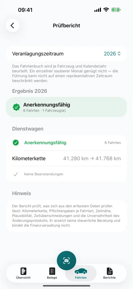 Prüfbericht für das Jahr 2026 mit dem Ergebnis anerkennungsfähig und der lückenlosen Kilometerkette.